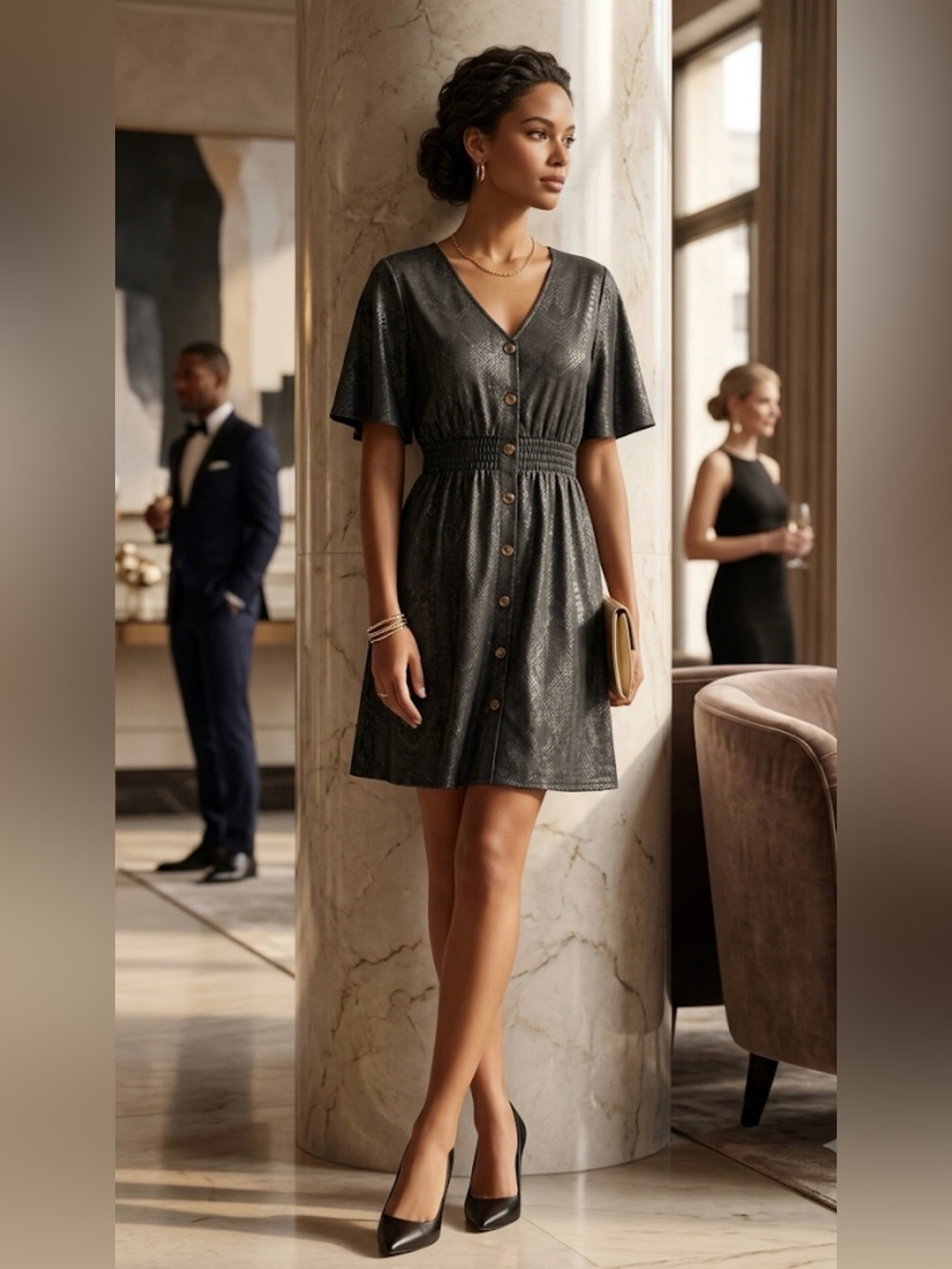 She + Sky Black Button-Front V-Neck Short Sleeve Dress